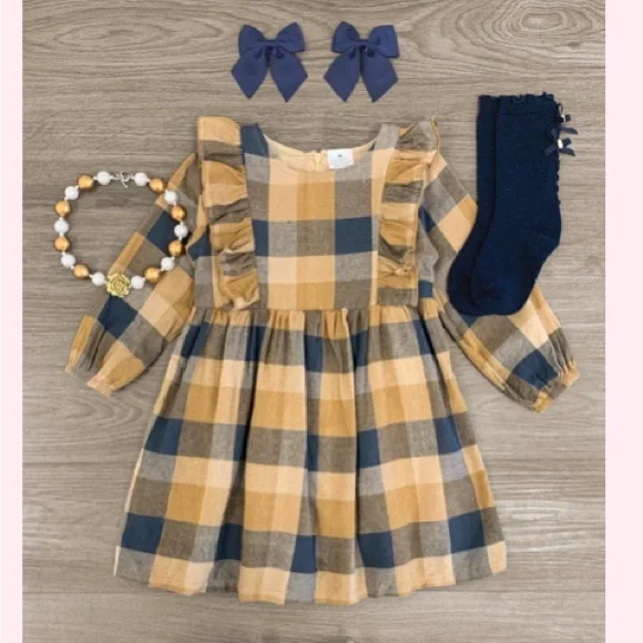 π Tan Gingham Ruffle Dress Kids size Medium & 5XL - Picture 1 of 1